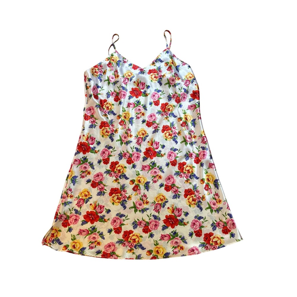 Intimates by LCA Slip Dress Women White Floralโ Satin Chemise Mini SIZE M